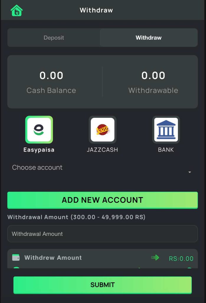 B9 Game withdrawal screen allowing users to transfer winnings via JazzCash, Easypaisa, bank card, and crypto.