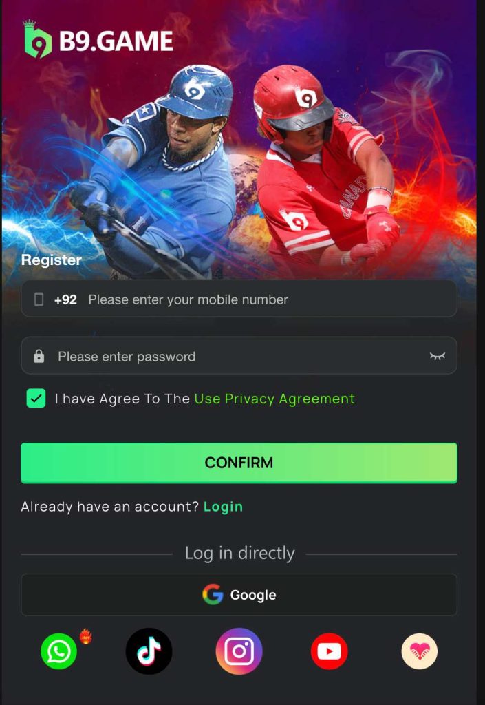 B9.Game registration page where users can sign up with mobile number, password, or log in directly via Google and social apps.